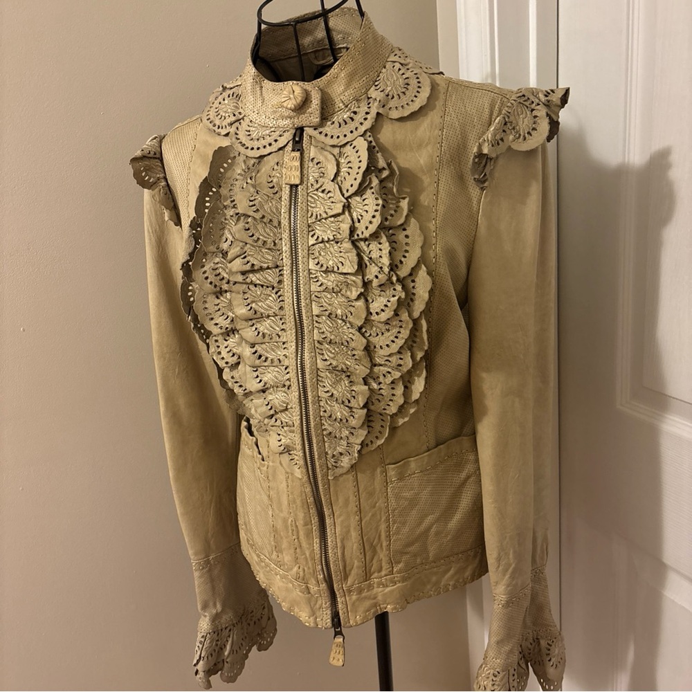 Tan Leather Jacket with Ruffled Collar and Textured Front